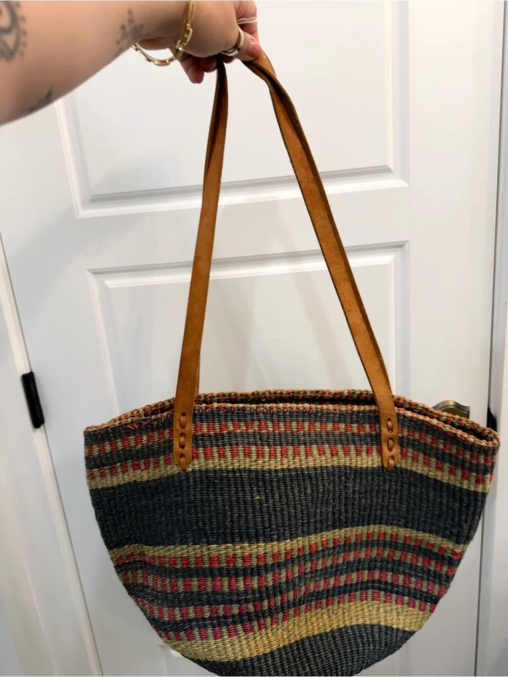 Vintage Woven Straw Tote Bag with Tan Leather Straps - Multicolor